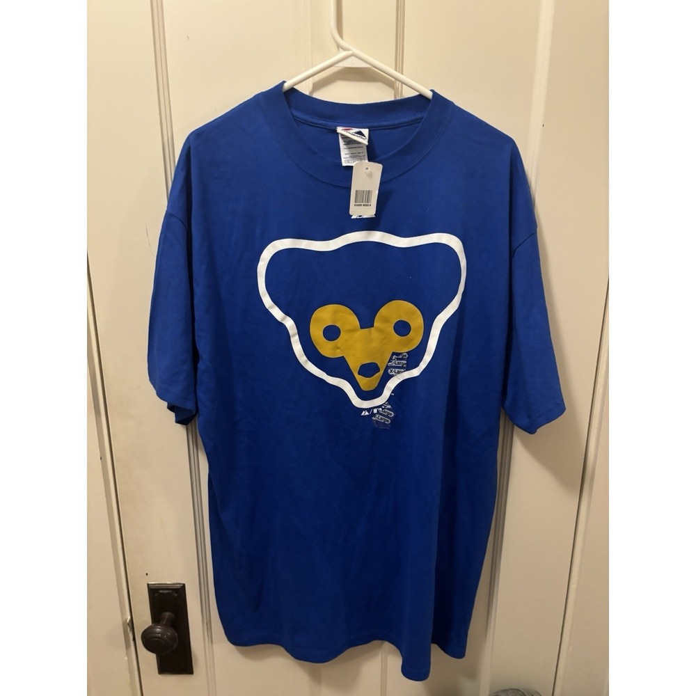 Chicago Cubs XL Majestic Cooperstown Throwback Cub Logo Short Sleeve Shirt NWT